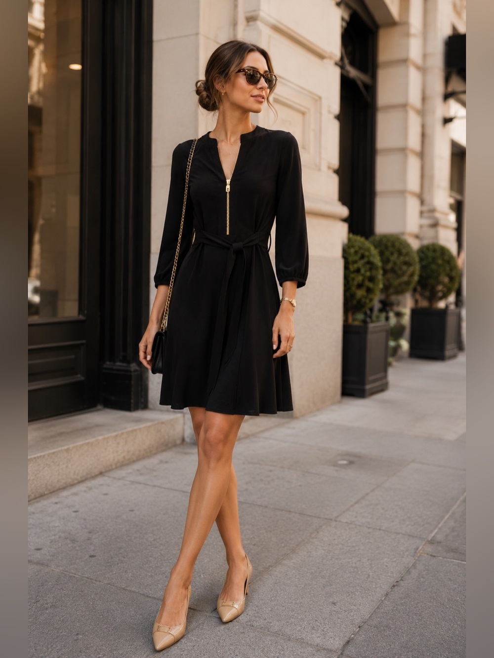 NWT MICHAEL KORS 3/4 Black Dress With Gold Zipper Long Sleeve Size XS